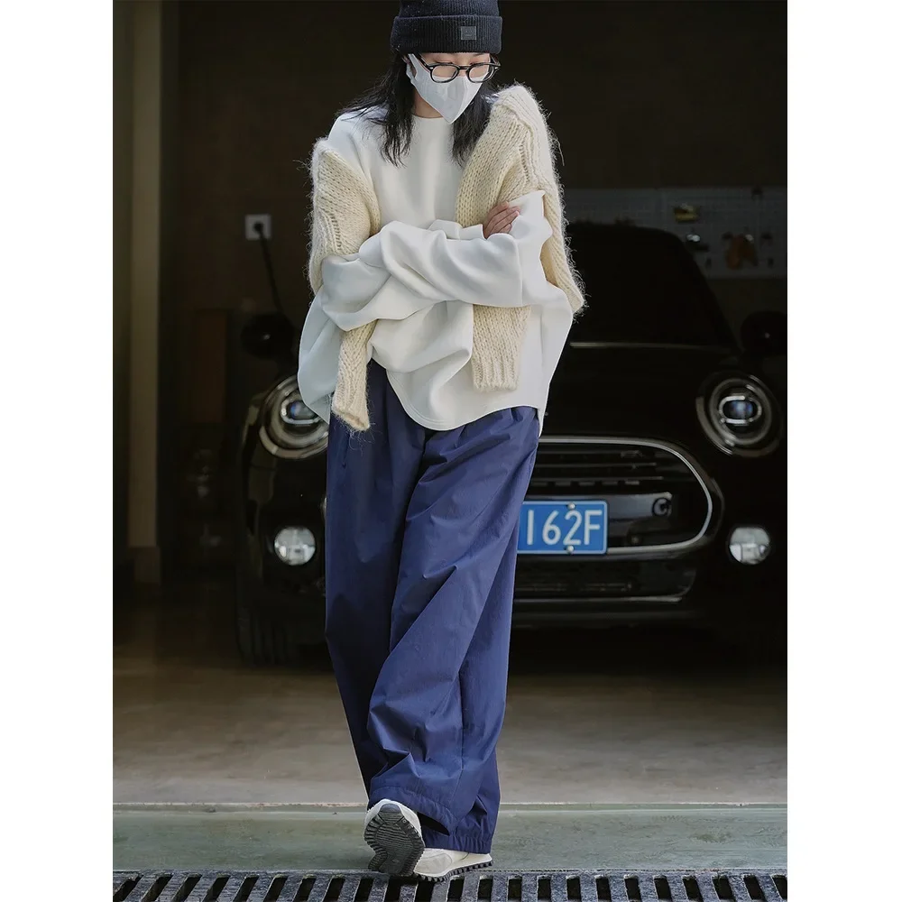 بنطلون مستقيم عالي الخصر، بنطال كاجوال، بنطال رياضي أحادي اللون، دافئ، خريفي نسائي من الصوف السميك وواسع الساق،