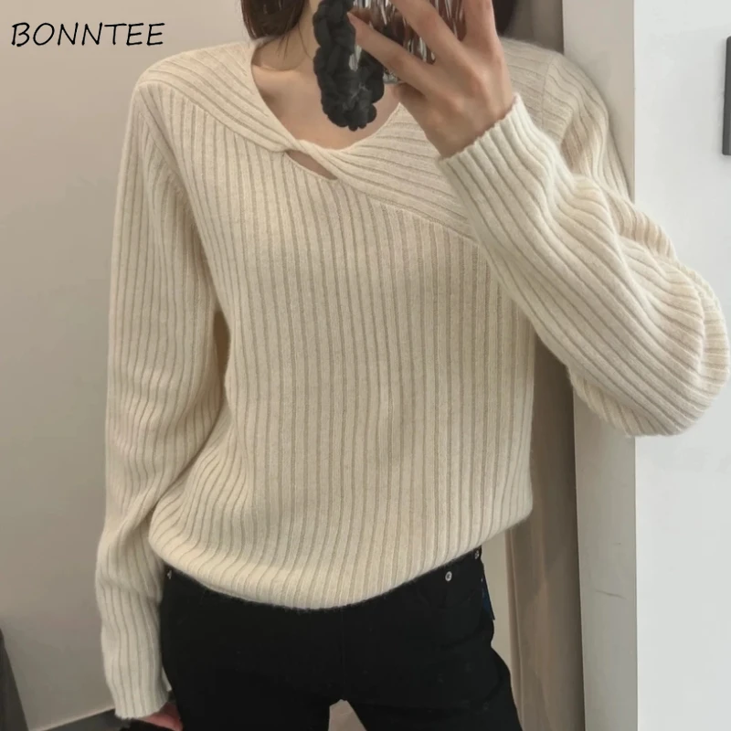 

Women Pullovers Autumn Winter Basic Knitted Sweater Korean Style Tender Fluffy Hollow Out Design Slouchy Daily Literary Trendy