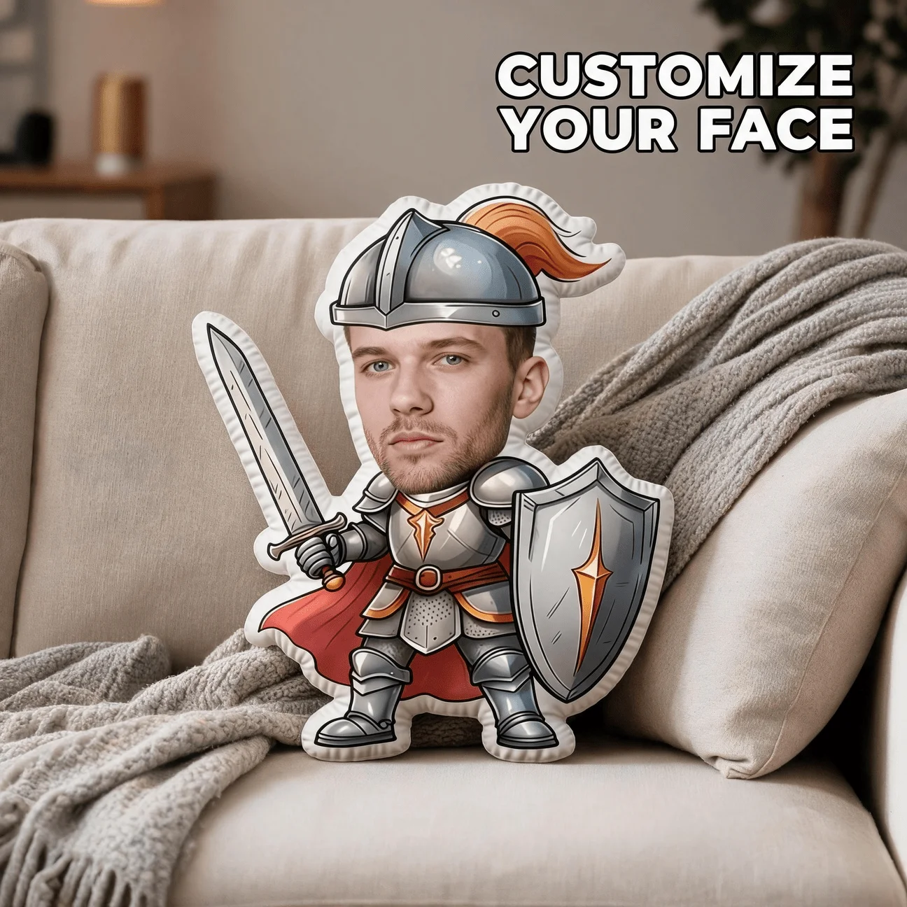 Custom Photo Knight Warrior Shaped Pillow, Personalized Face in Armor with Sword And Shield Decorative Cushion, Unique Home Deco