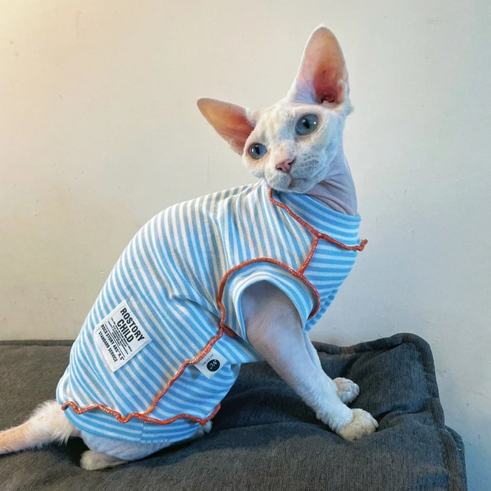 Blue Striped Short Sleeves T-shirt for Male Cats in Spring Cotton Sweet Summer Jumpsuit for Devon Rex Summer Vest for Sphynx Cat