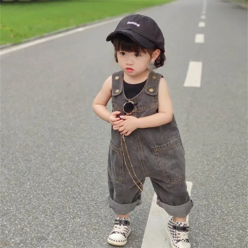 2-9Y Children\'s Jeans Pants Korean Spring Summer New 2024 Girls Boys Grey Retro Soft Denim Overall Baby Kid Cute Big PP Jumpsuit