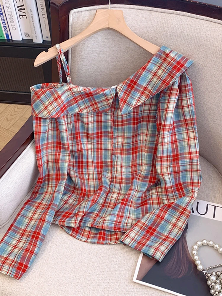 Women\'s Red Plaid Shirts and Blouses Y2k 90s Aesthetic Streetwear Vintage Korean 2000s Elegant Long Sleeve Shirt Fashion Clothes