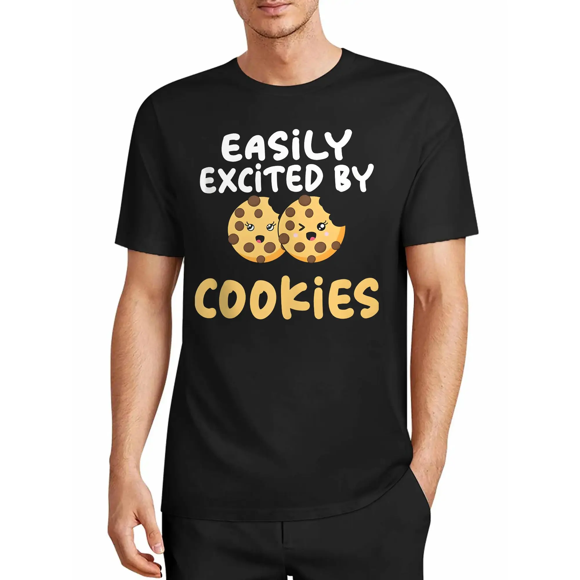 Seeing Cookies Makes Me Happy - Anthropomorphic Cookie Cartoon Print T-Shirt, Loose Casual Short-Sleeve Top for Sweet-Tooth Baking Enthusiasts