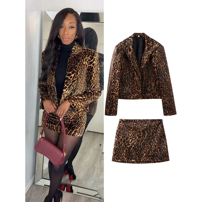 

Leopard Mini Skirt Sets For Women Elegant Lapel Blazer Jacket A Line Short Skirt 2 Pieces Suits Office Lady Outfits