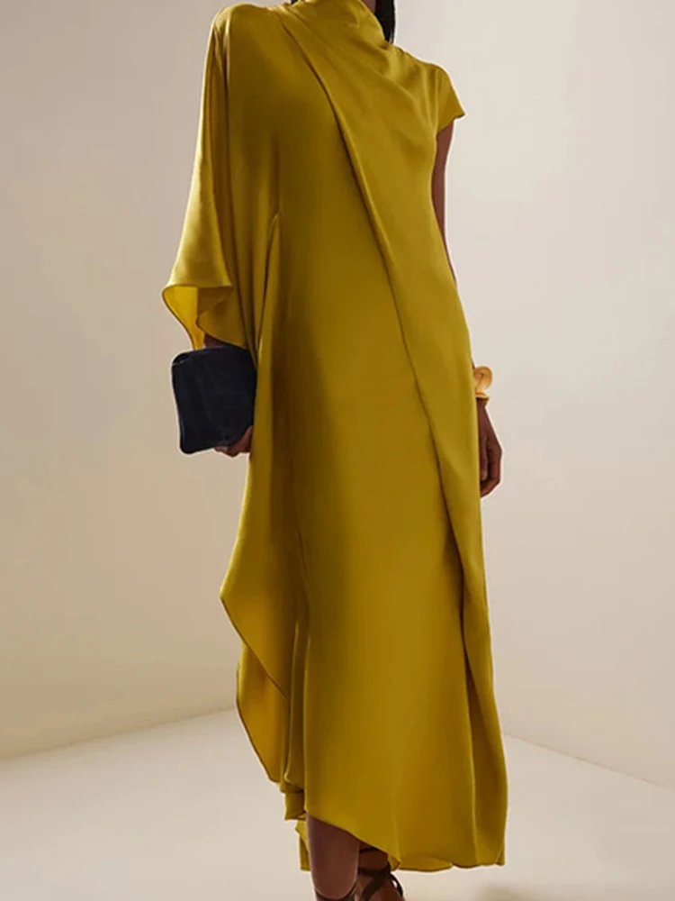 Lady Loose Irregular Commute Dress New Temperament High Waist Pleated Evening Party Dress French Style Elegant Solid Satin Robes