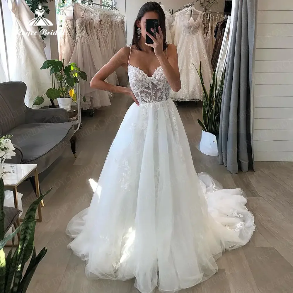 Modern A Line Wedding Dress Tulle Sweetheat Spaghetti Straps Boho Lace Applique Elegant Bridal Gowns For Bride suknia ślubna