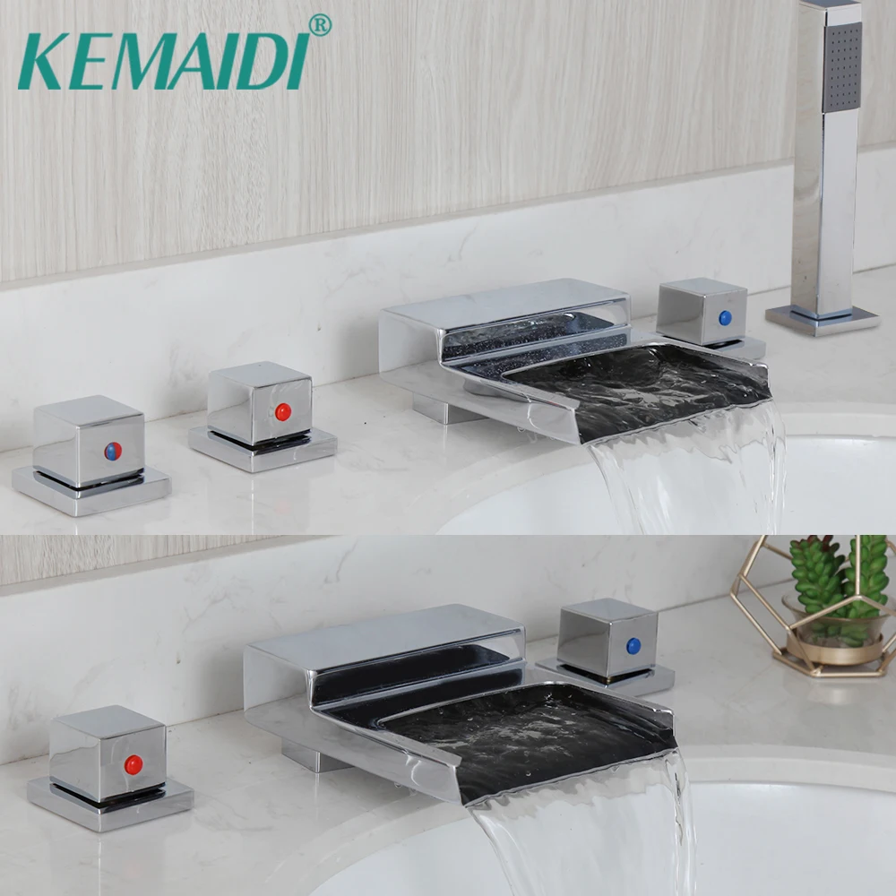 

KEMAIDI Bathroom Waterfall Shower Faucet Set Bathtub Shower Faucets 3 Handheld Tub Mixer Taps Chrome Finish Set Deck Mounted