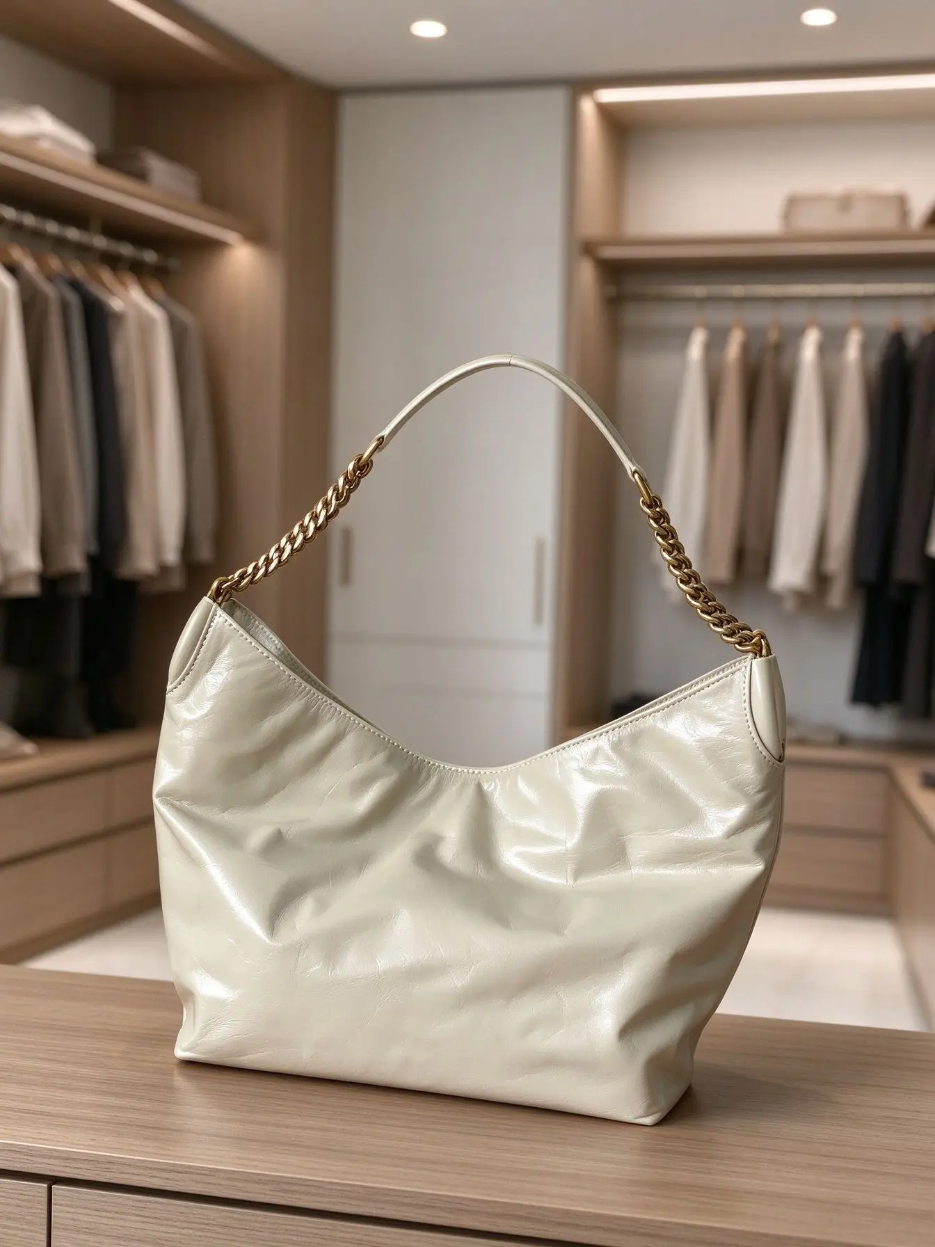 Minimalist Cream Hobo Tote Bag for Women, Glossy Soft PU Leather Chain Shoulder Bag, Fashion Daily Large Capacity Bag