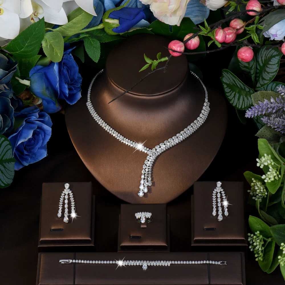 HIBRIDE Stereo Glamour Luxury Jewelry Necklace Earrings Bracelet Set Women's Light Luxury Wedding Bridal Holiday Gift S-1129