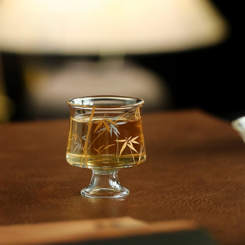 

LTT gold and silver bamboo high-foot teacup household heat-resistant glass single tea cup