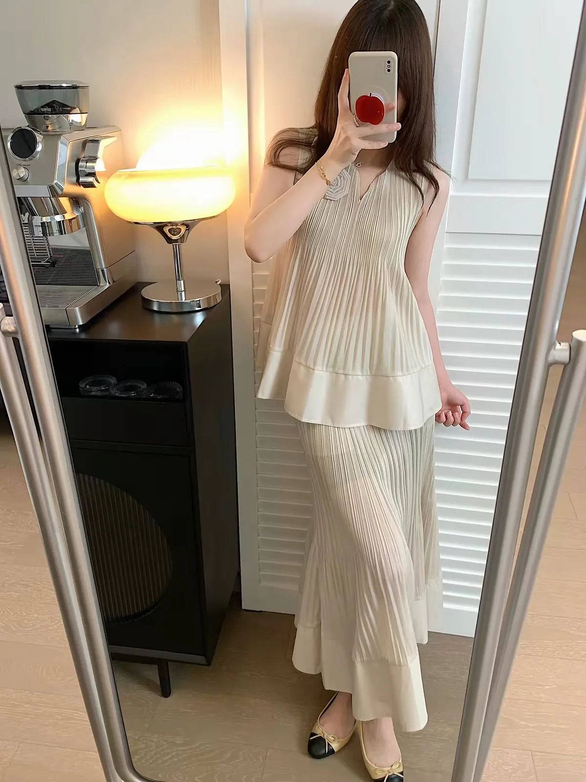 ALSEY Miyake Pleated Women Two Piece Outfit Sleeveless V Neck Tank Top Mermaid Long Skirt Set Elegant Solid Color Casual Office