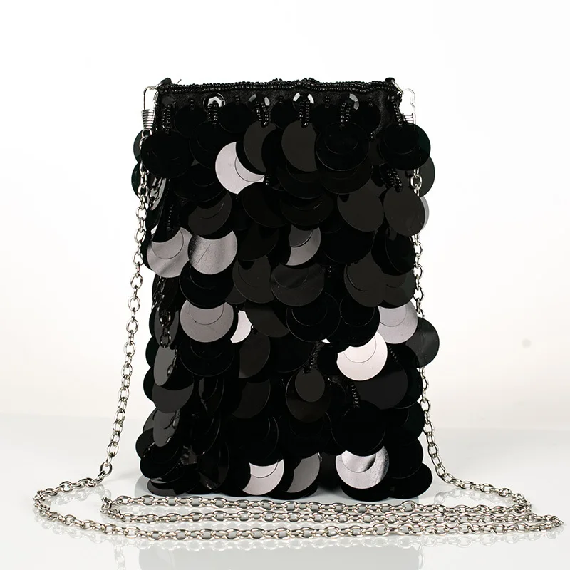 Handmade Phone Bag Sequin Evening Bag Single Shoulder Mobile Phone Bag for Women Stylish Handbag with Chain Strap