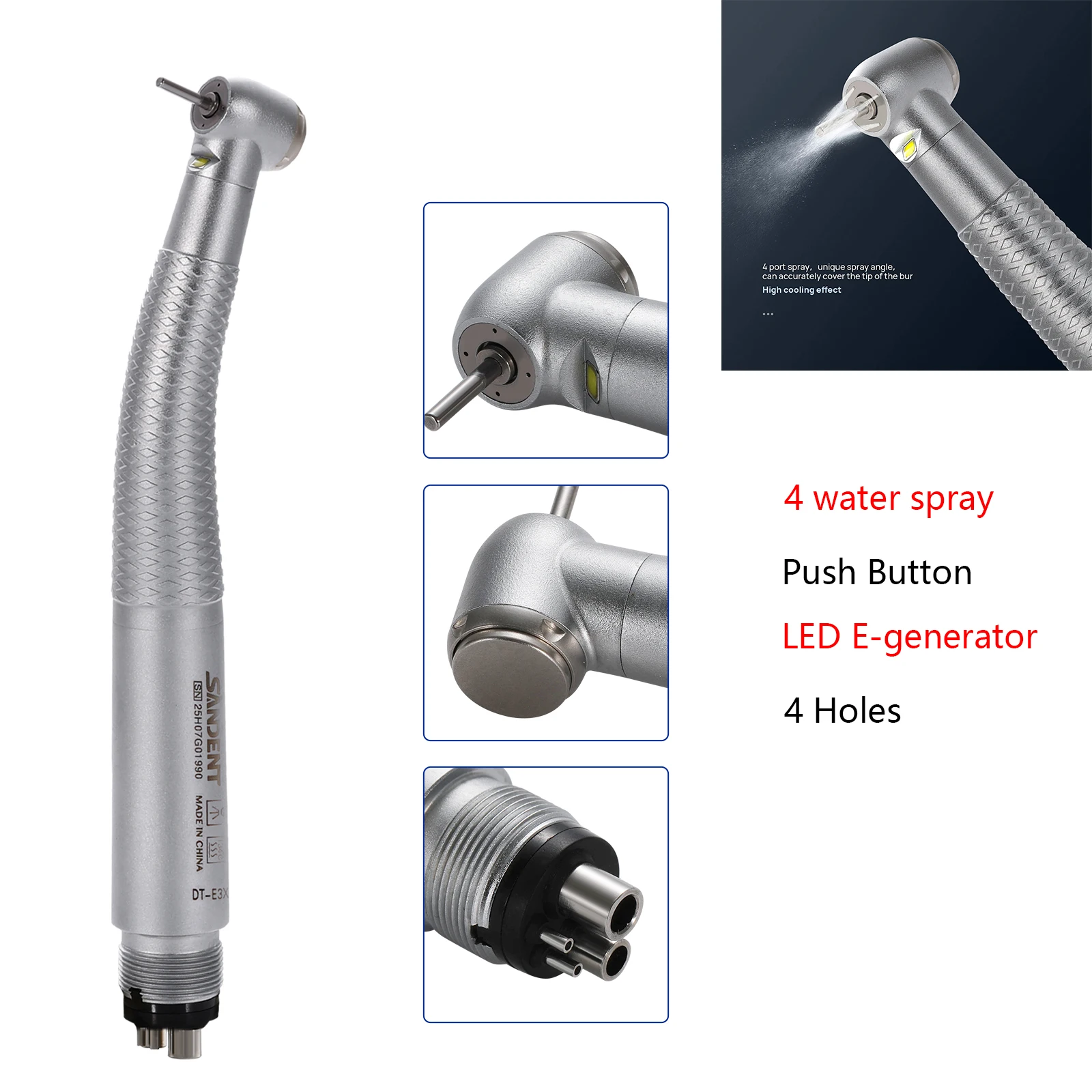 SANDENT Стоматологический светодиодный электронный генератор, самомощный высокоскоростной наконечник, 4-сторонний распылитель, кнопочная турбина, 4 отверстия