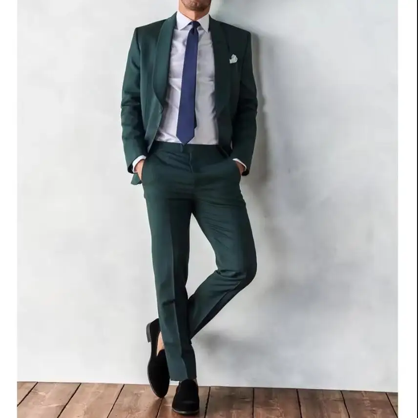 

New Men Suits Dark Green Elegant Shawl Lapel Single Button Solid Outfits 2 Piece Fashion Groom Wedding Party Prom Male Suit Slim