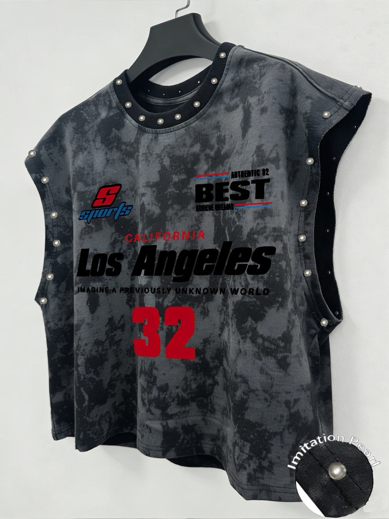 Herren Tanktop mit Batikmuster, ärmelloses Oberteil mit Imitationsperlen, Street-Vest, ärmelloses T-Shirt mit grafischem Muster für Herren – Detail 6