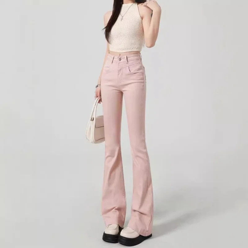 Women's Light pink skinny jeans2025popular autumn and winter high waist slim slim flare pants
