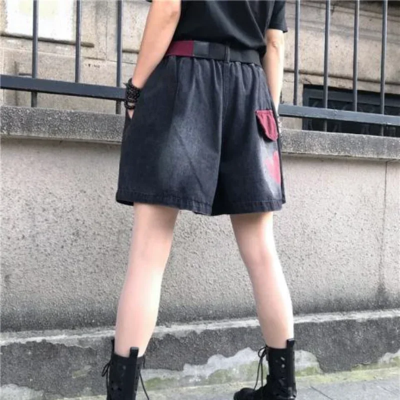 Denim Shorts Women Loose Big Pockets with Five Points Hot Pants Trend Summer New Big Size Fashion Print Wide Leg Jeans Shorts