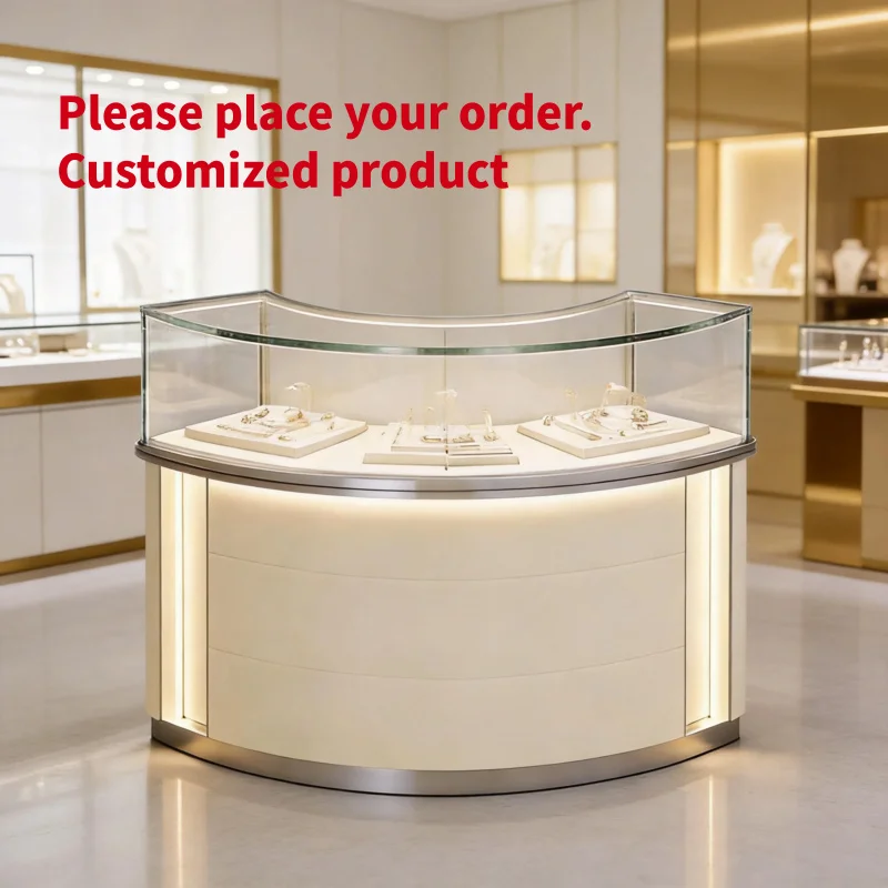 custom.Luxury Curved Jewelry Display Cabinet Milk White Silver Trim Showcase with LED Lighting Semi-Circular Retail Island Furni