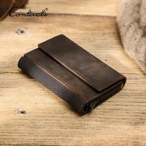 Imagen 2 del producto Cartera con tarjetero de cuero de Caballo Loco de CONTACT'S, funda para tarjetas de identificación emergente automática para hombre, monedero pequeño con bloqueo RFID, billeteras masculinas