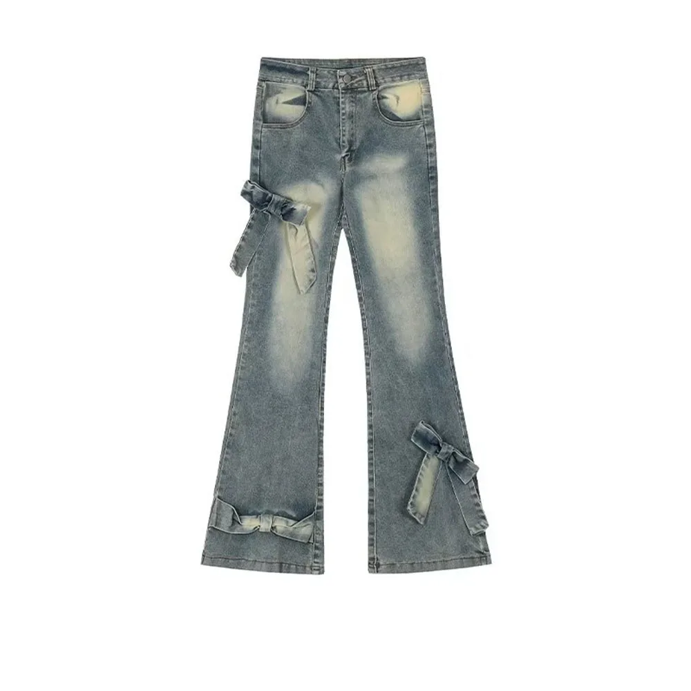 Bow Design Woman' Bell-bottoms Casual Style Denim Pants New Retro Spice Girls Trousers High Waist 2026 Solid Color Jeans