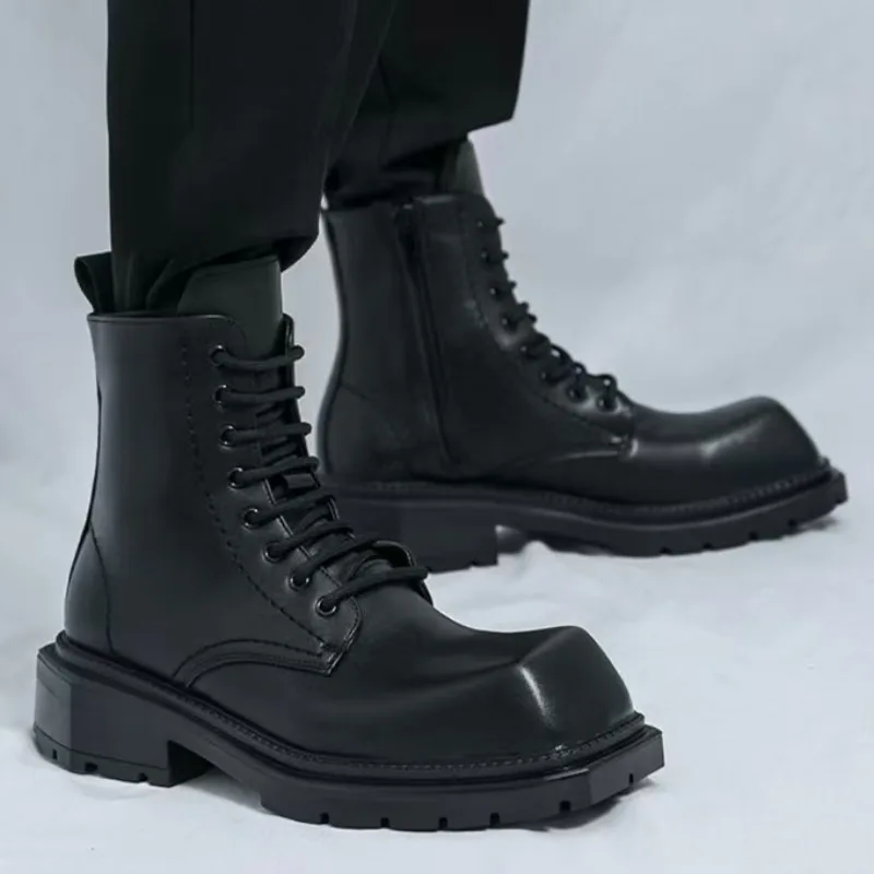 

Black Men's Square Toe Thick Soled High Top Boots British Punk Fashion Motorcycle Boots All Season Versatile Men Leather Boots