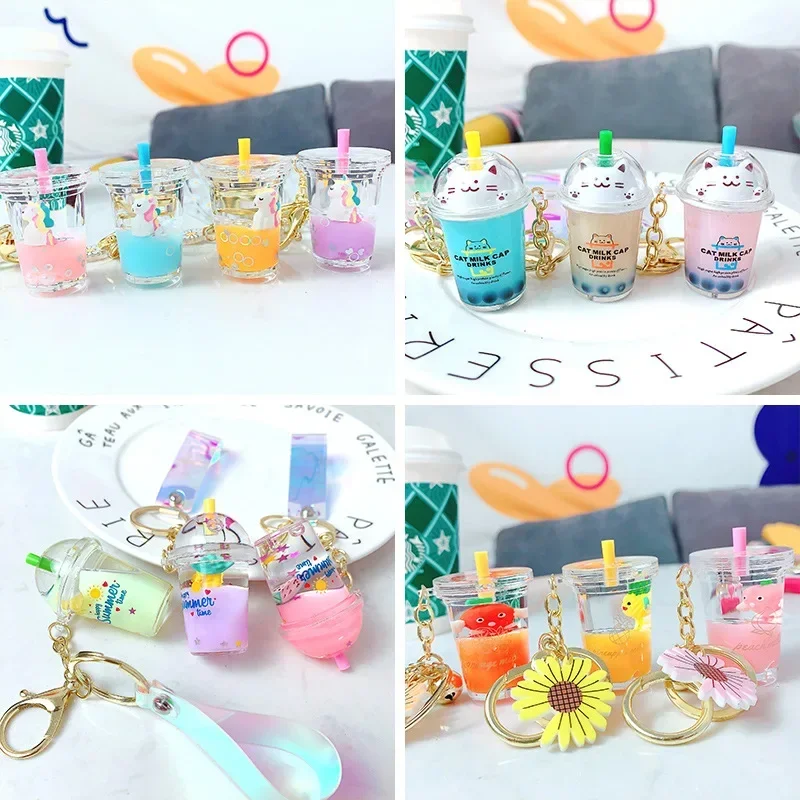 Cute Oily Pearl Milk Tea Bear Floating Liquid Keychain Bag Pendant Cartoon Cup Drink Bottle Keychain Girl Key chain Gift