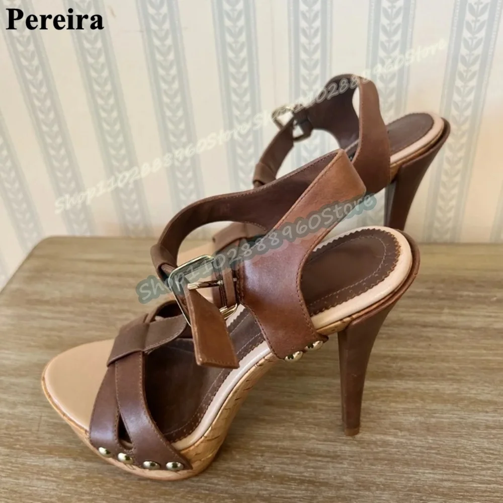 Trending Brown T Strap Platform Sandals Stilettos High Heel Shoes For Women Ankle Buckle Strap Open Toe 2026 Zapatos Para Mujer