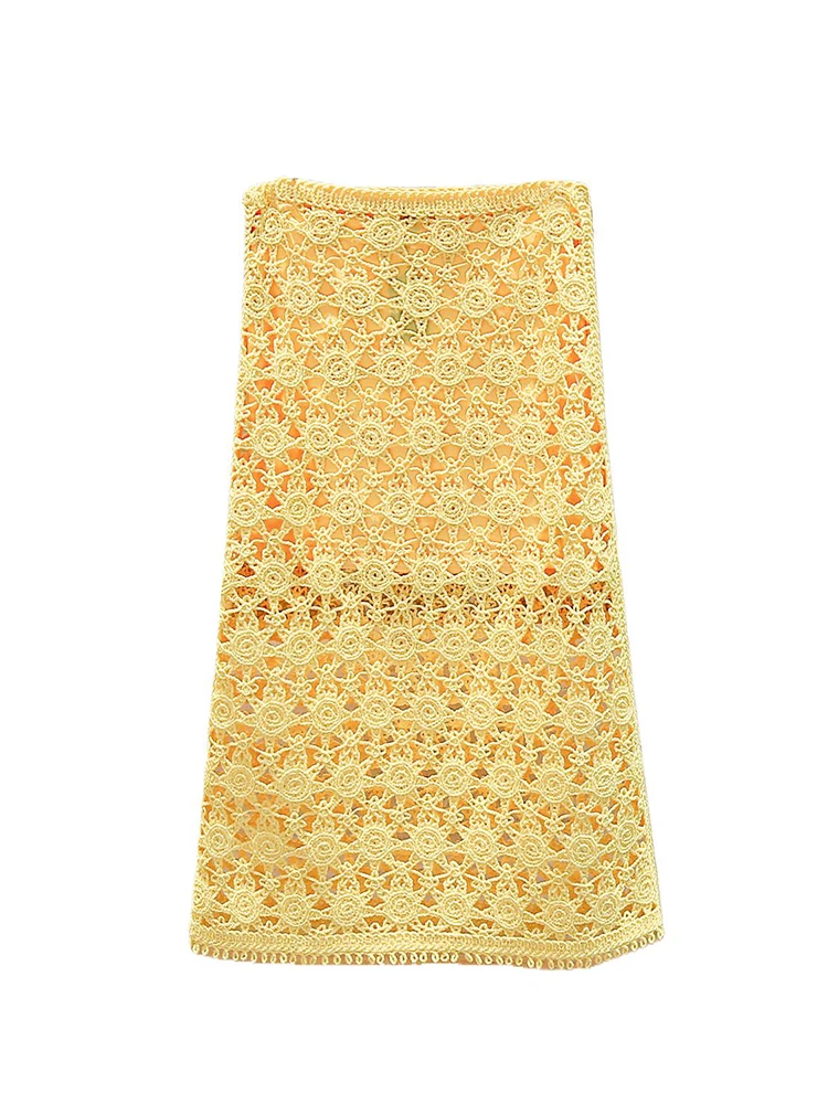 تنورة نسائية صيفية طويلة منسوجة بتصميم مفرغ من M Home Nan You، أنيقة وبسيطة، ذات خصر مرتفع وتصميم A-Line لعام 2025.