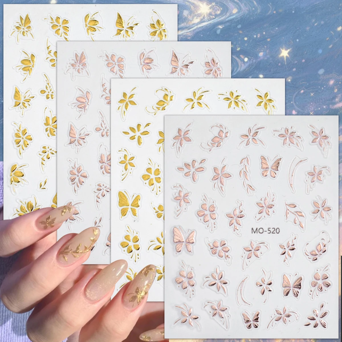 2/4/8 Blatt 5D Gold Blumen Schmetterling Nagelkunst-Aufkleber Roségold Florale Nageldekoration Metallic Nagelsticker DIY Maniküre