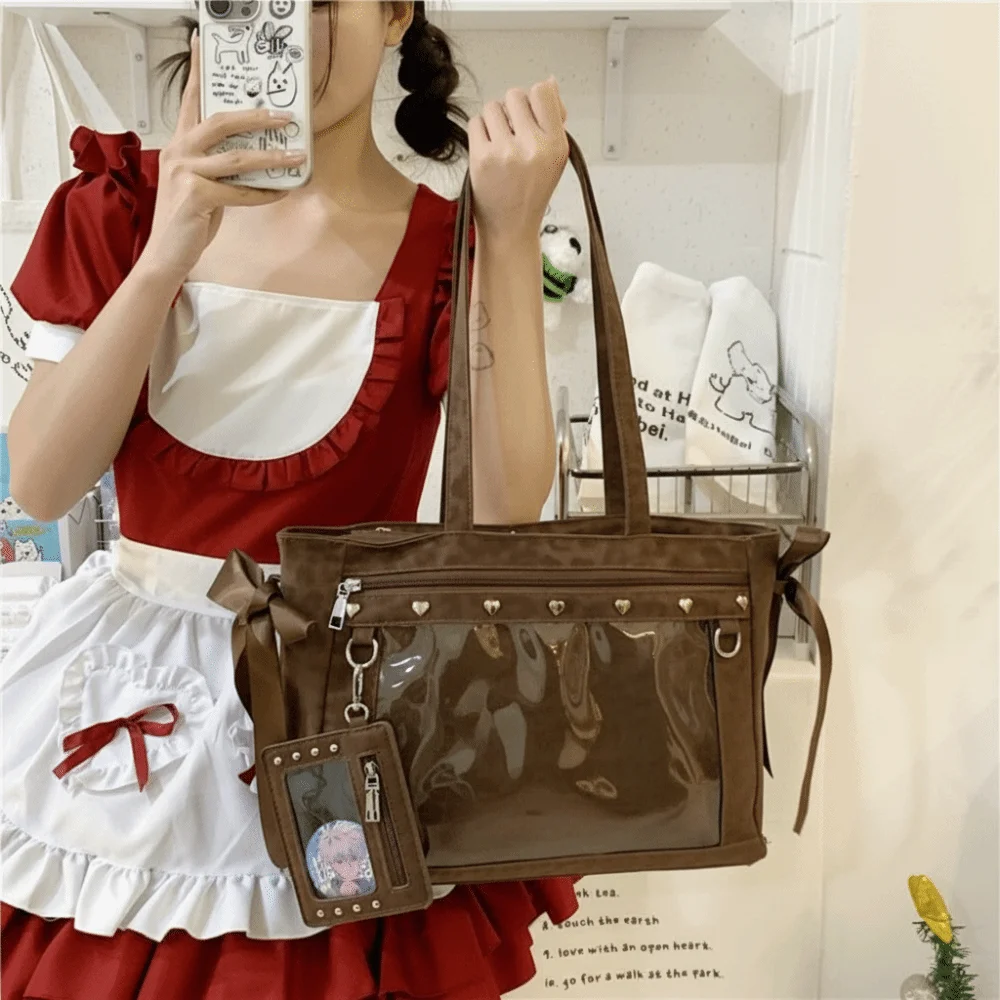 

Harajuku Bow Rivet Itabag Y2K Idol Merchandise Storage PVC Transparent Shoulder Bag Large Capacity Solid Color Anime Tote Bag