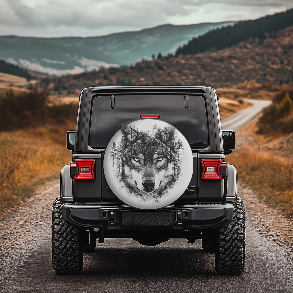 Wolf Head Forest Art Tire Cover Polyester Fiber Jeep Spare Wheel Protector Outdoor