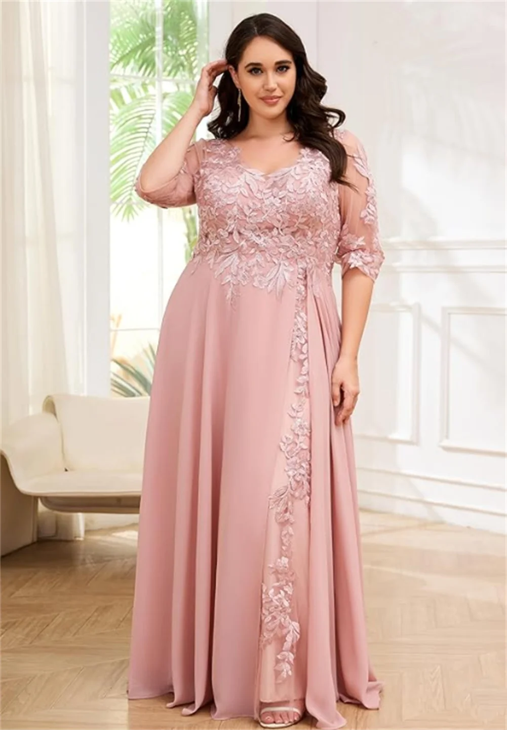 فستان زفاف شيفون لأم العروس ، أكمام ، زينة دانتيل ، فستان رسمي ، فستان حفلة موسيقية ، حجم كبير #1