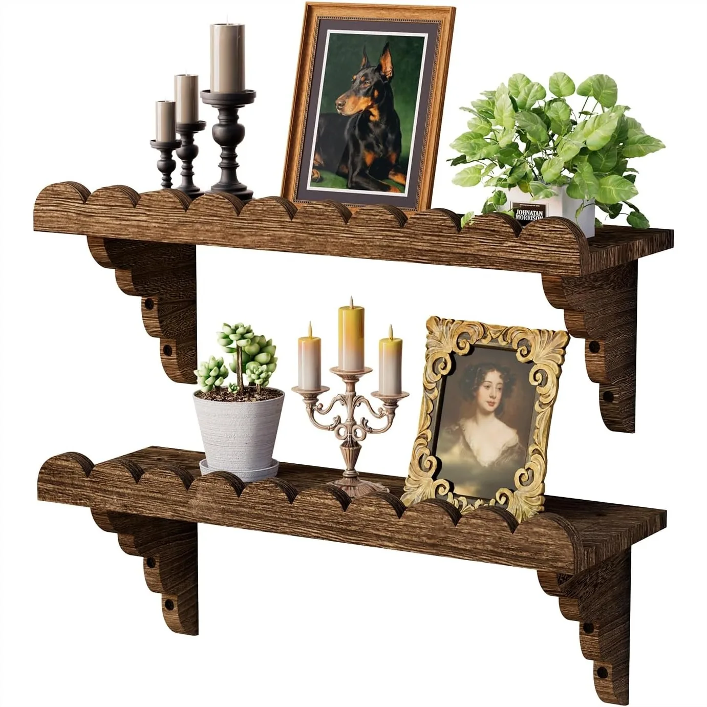 

Scalloped Wood Wall Shelf 17 Inch Floating Shelf With Wood Brackets For Living Room Bedroom Bathroom