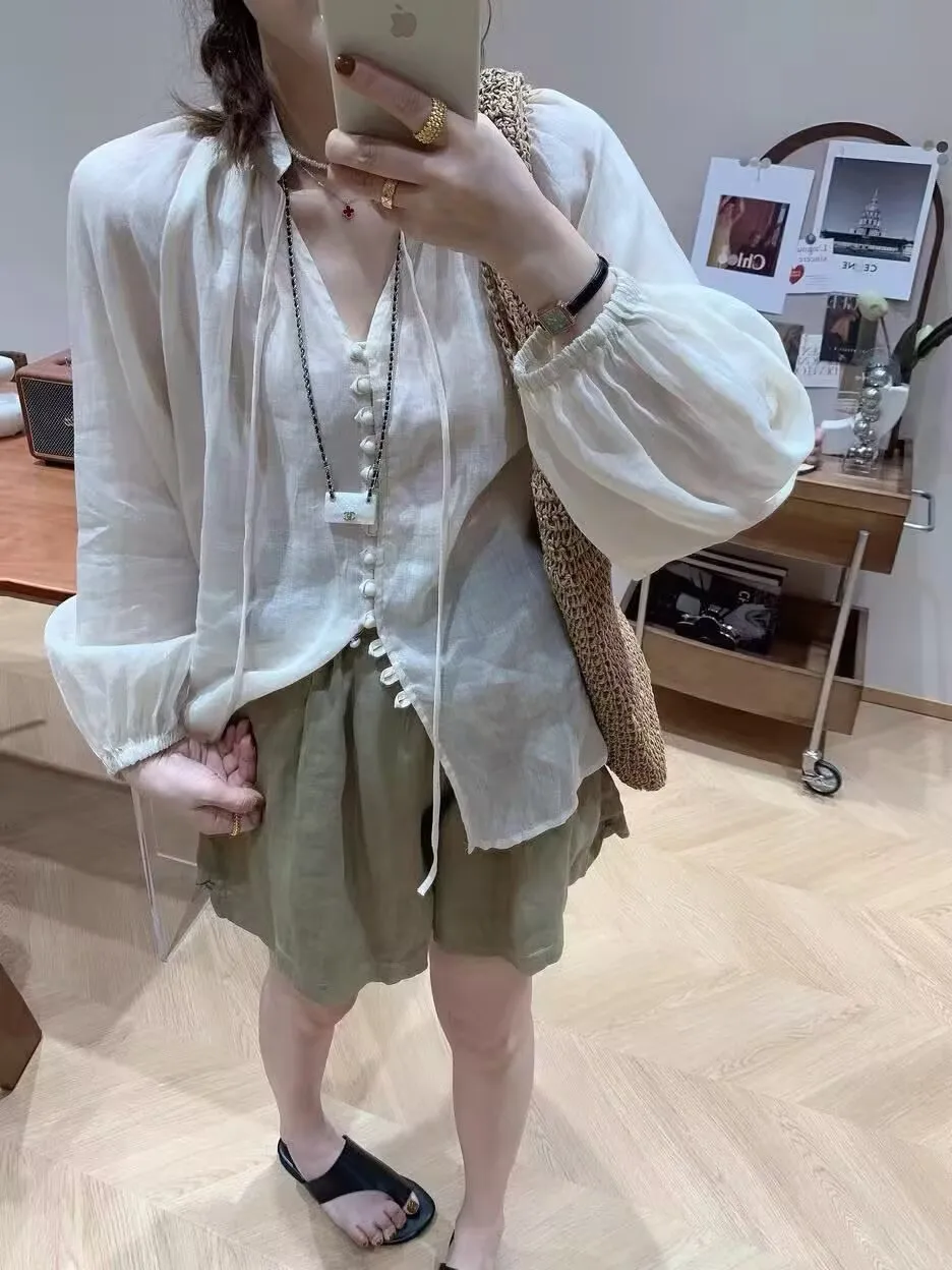 

Women's Linen irt Thin Summer Svel V-Ne Lantern Sve Cover up Outerwear Cotton Linen Top Loose Fit Long Sve