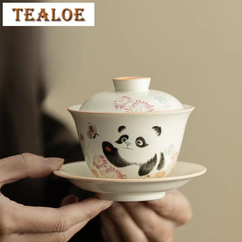 

133ML Cream Ding Kiln Panda Play Butterfly Gaiwan Tea Tureen Tea Bowl With Lid Kit Tea Maker Cover Bowl Teaware Decoration Gift
