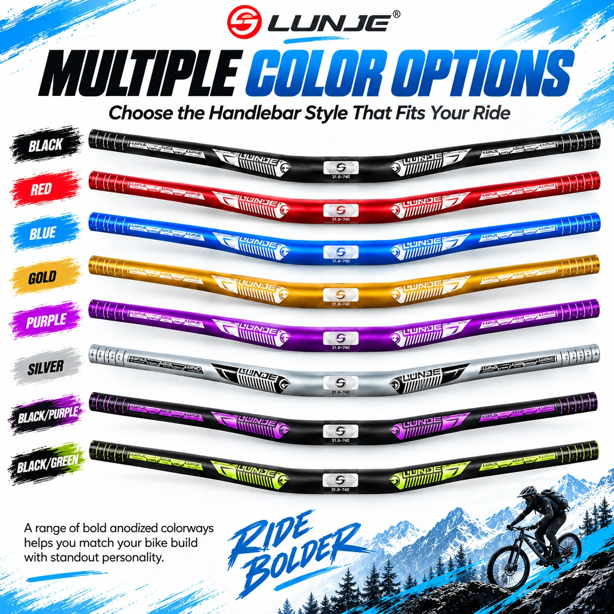 High-Strength Downhill Off-Road Bicycle Handlebar 780mm, 35mm Rise, Integrated Road and Mountain Bike Handlebar, Sandblasted Anodized Finish, Exquisite Label-Free Labeling Process, Beautiful Appearance, Improves Control Performance, Suitable for Downhill, Mountain Bikes, Street Bikes, and Other Models That Demand High Control Performance Ergonomic Design, Enhanced Control and Comfort, Durable Construction, Personalized Customization, Multiple Vibrant Colors.