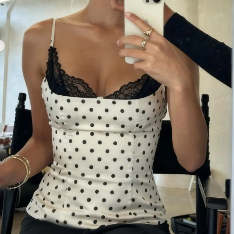 

Summer Women Polka Dot Lace Trim Camis Top Sexy Backless Sleeveless Slim Fitted Camisole Top Vintage Y2k Streewear Tanks