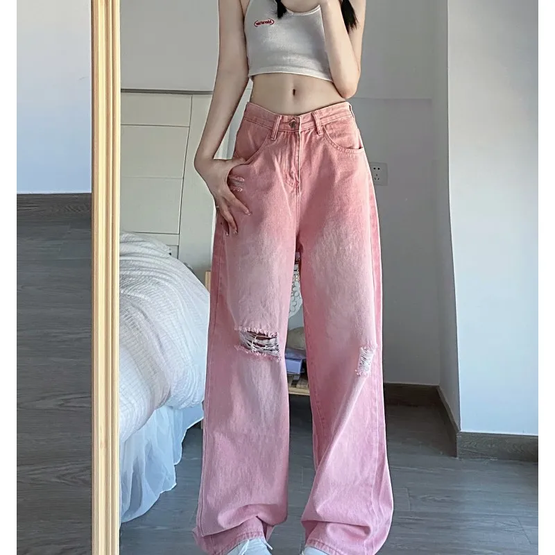 

Vintage Pink High Waist Women Jeans Worn-out American Streetwear Wide Leg Jean Female Trouser Straight Baggy Denim Pants Summer