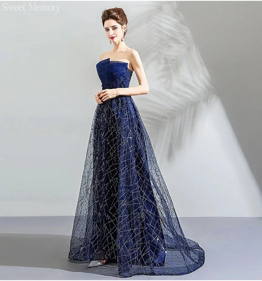 J139 Sexy Strapless Blue Prom Dresses Woman Performance Stage Lace Up Wedding Party Gown Princess Girl Lady Formal Dress Long