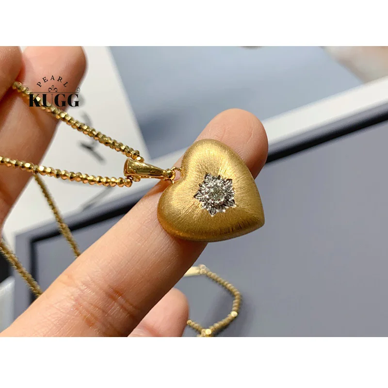 

KUGG 100% 18K Yellow Gold Pendant Luxury Heart Shape Real Natural Diamond Necklace Pendant for Women High Party Jewelry