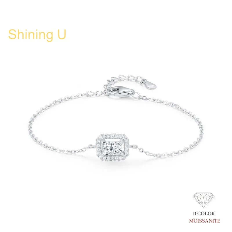 Shining U 925 Sterling Silver Rectangle D Color Moissanite Bracelet for Women Fine Jewelry Summer