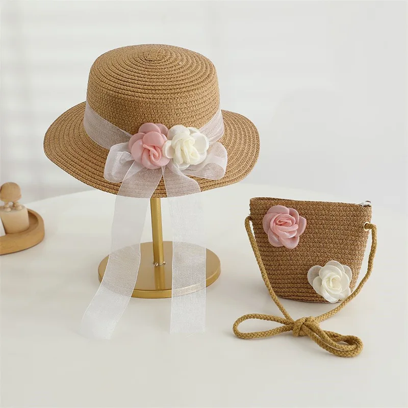 Kids Girls Large Wide Brim Flower Straw Hat And Shoulder Bag Woven Set Sun Protection Beach Hat Summer Floppy Bucket Cap Gorras