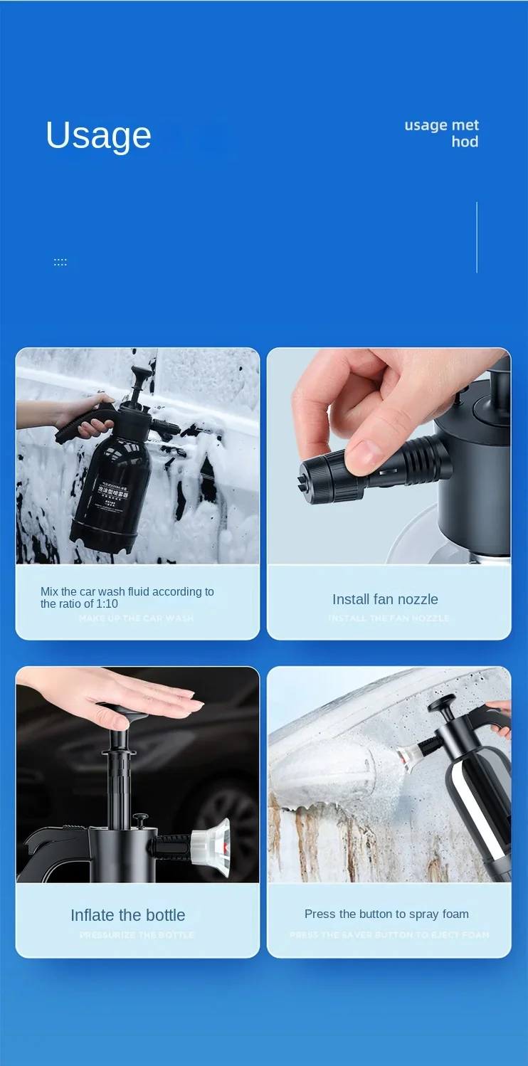 2L Manueller Luftdruck-Schaumsprüher, Handpumpe, Autowaschflasche mit 3 austauschbaren Düsen zur Fahrzeugreinigung – Detail 14