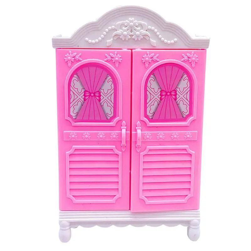 

1/6 Dollhouse Furniture Miniature Two-door Pink Plastic Wardrobe Portable Closet For Barbie Doll House Accessories Kid Toy Gifts