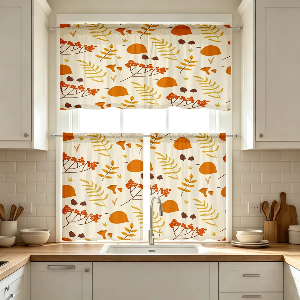Fall Kitchen Curtains, Orange Leaves Berry Branch, Digital Print, Kitchen Dining Room, Rod Pocket Polyester, Home Decor
