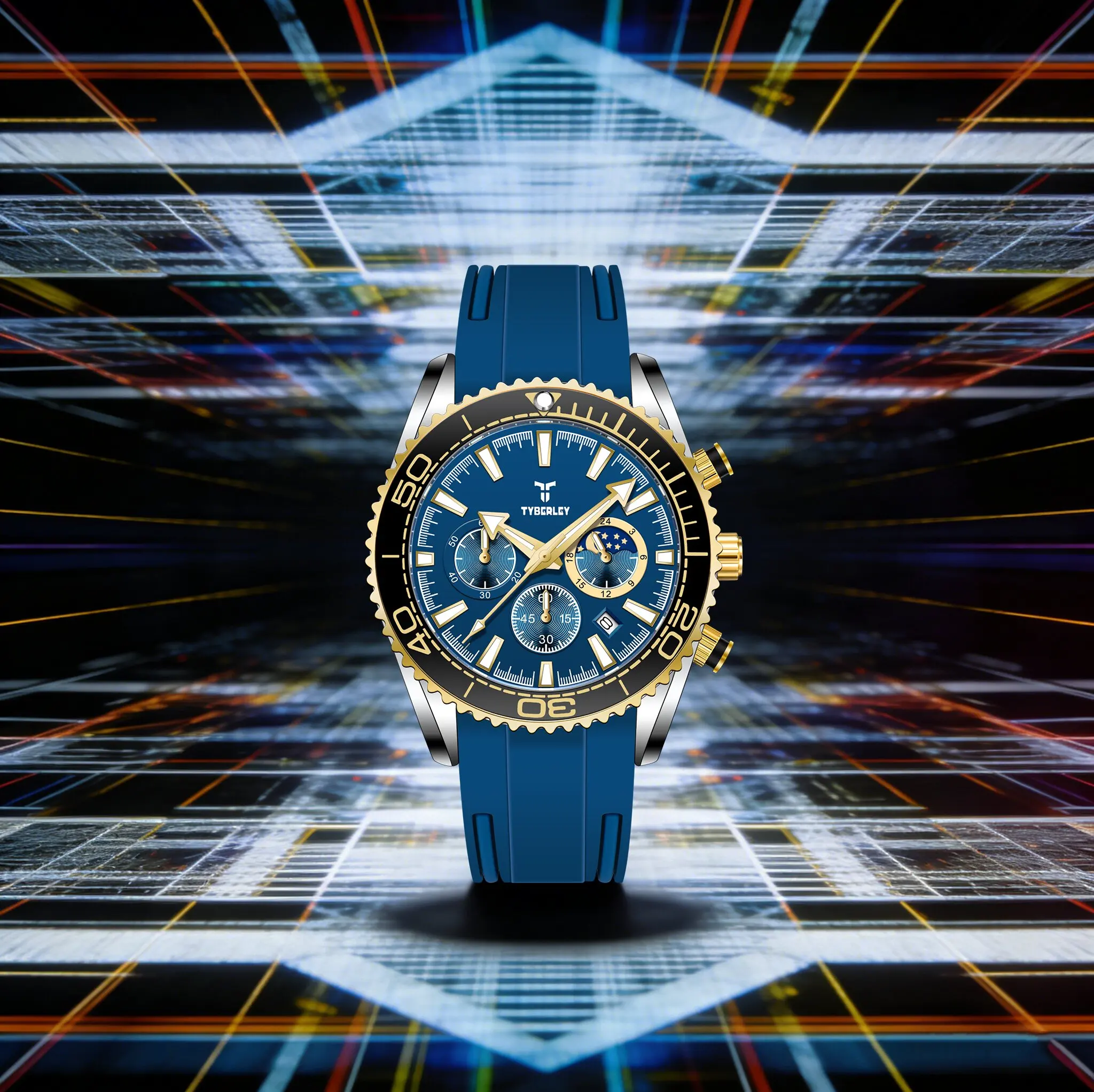TYBERLEY Elegant Gentleman Men's Quartz Watch luxury Avant-Garde Rubber Hardlex 3Bar Diving Calendar Moon Phase Luminous Clock