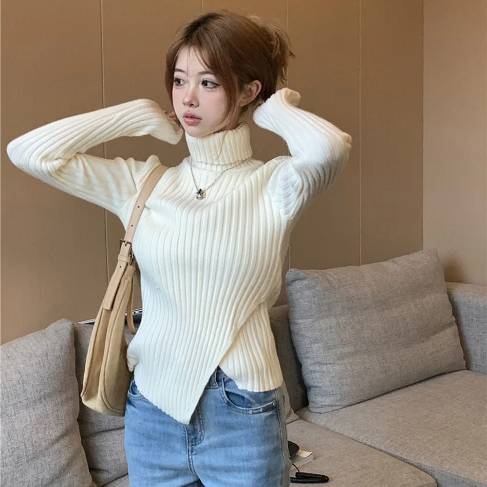 

Korean Women Turtleneck Sweater Autumn Winter Fashion Solid Color Slim Split Pullovers Office Ladies y2k Clothing Female Jumpers