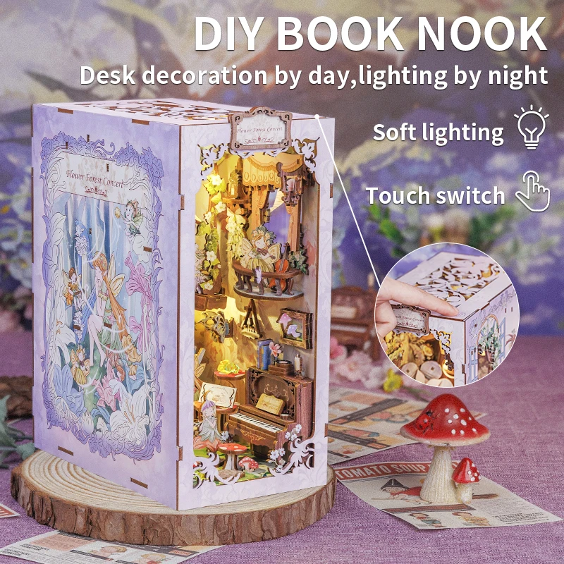 CUTEBEE Book Nook Bookshelf Insert Miniature Dollhouse 3D Wood Puzzle for Bedroom Bookend Decor with LED Night Light Book House