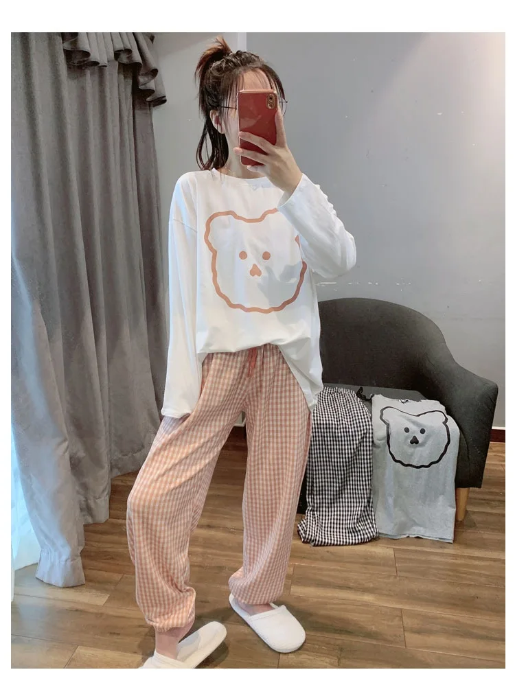 Ladies 2-Piece Set Of New Spring And Autumn Women\'s Sleepwear Long-Sleeved Trousers Korean Version Of The Loose Casual Homewear