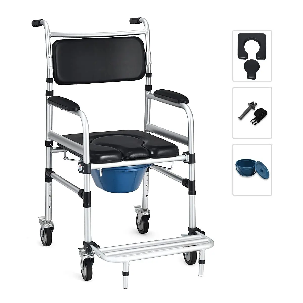 4 in 1 Shower Commode Wheelchair, 330lbs Bedside Commode Chair for Toilet with Arms, Portable Rolling Shower Chair with Wheels